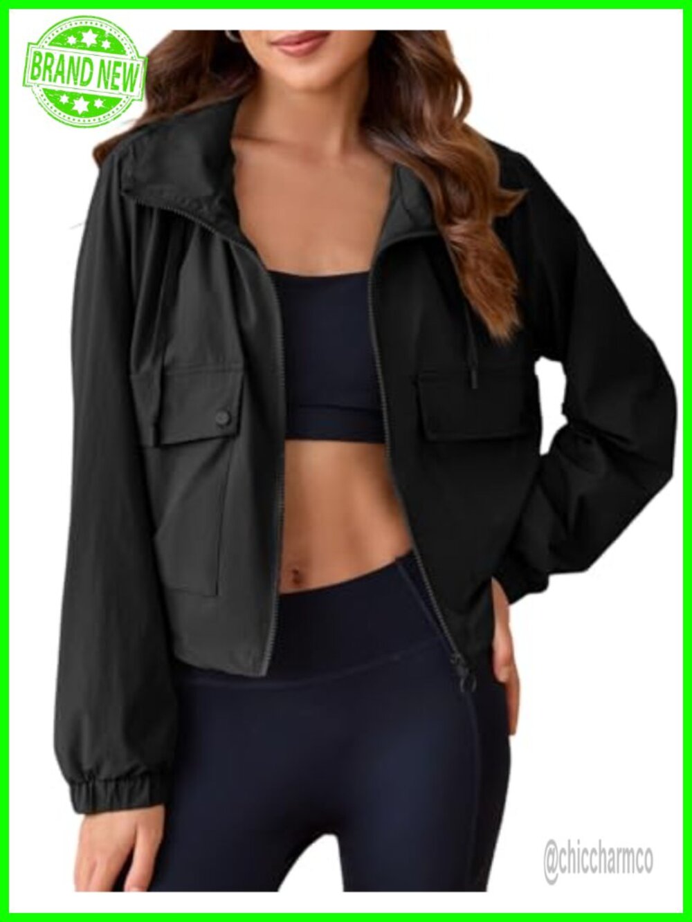 Womens Cropped Military Utility Jacket Long Sleeve Anorak with Pockets